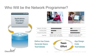 Who Will be the Network Programmer?
15
Applications
That WHO
Creates? DeveloperNetwork Engineer
Network, IOS Skills  
Scripting Skills  
Programming Skills  
Expertise
Network-centric use cases
Scripts, PoCs, HA networks
Application-centric use cases
Scalable, HA applications
Team
Effort
Define Use Cases
Generate Specs
Test/Validate
App Design
Code
Test/Validate
 