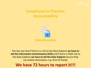 Compliance in Practice:
Accountability
Data Breaches
The law says that if there is a risk to the Data Subjects we have to
tell the Information Commissioner (ICO) and if there is HIGH risk to
the Data Subjects we have to tell the Data Subjects too (so they
can protect themselves, e.g. from ID fraud).
We have 72 hours to report it!!!
 