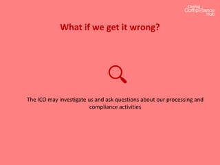 What if we get it wrong?
The ICO may investigate us and ask questions about our processing and
compliance activities
 