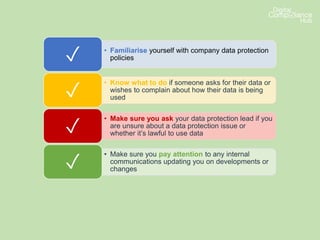 • Familiarise yourself with company data protection
policies✓
• Know what to do if someone asks for their data or
wishes to complain about how their data is being
used✓
• Make sure you ask your data protection lead if you
are unsure about a data protection issue or
whether it’s lawful to use data✓
• Make sure you pay attention to any internal
communications updating you on developments or
changes✓
 