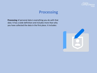 Processing of personal data is everything you do with that
data. It has a wide definition and includes more than why
you have collected the data in the first place. It includes:
Processing
 