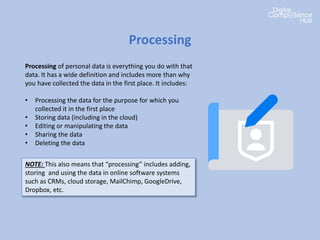 Processing of personal data is everything you do with that
data. It has a wide definition and includes more than why
you have collected the data in the first place. It includes:
• Processing the data for the purpose for which you
collected it in the first place
• Storing data (including in the cloud)
• Editing or manipulating the data
• Sharing the data
• Deleting the data
Processing
NOTE: This also means that “processing” includes adding,
storing and using the data in online software systems
such as CRMs, cloud storage, MailChimp, GoogleDrive,
Dropbox, etc.
 