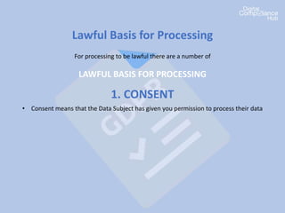 Lawful Basis for Processing
For processing to be lawful there are a number of
LAWFUL BASIS FOR PROCESSING
1. CONSENT
• Consent means that the Data Subject has given you permission to process their data
 