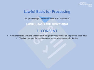 Lawful Basis for Processing
For processing to be lawful there are a number of
LAWFUL BASIS FOR PROCESSING
1. CONSENT
• Consent means that the Data Subject has given you permission to process their data
• The law has specific requirements about what consent looks like
 