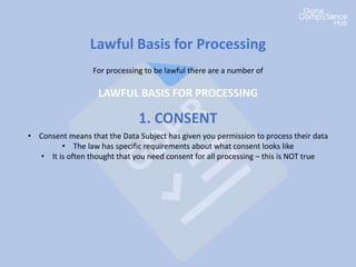 Lawful Basis for Processing
For processing to be lawful there are a number of
LAWFUL BASIS FOR PROCESSING
1. CONSENT
• Consent means that the Data Subject has given you permission to process their data
• The law has specific requirements about what consent looks like
• It is often thought that you need consent for all processing – this is NOT true
 