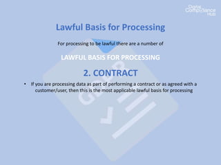 Lawful Basis for Processing
For processing to be lawful there are a number of
LAWFUL BASIS FOR PROCESSING
2. CONTRACT
• If you are processing data as part of performing a contract or as agreed with a
customer/user, then this is the most applicable lawful basis for processing
 