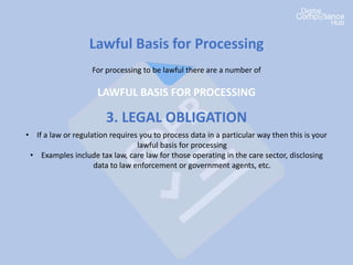 Lawful Basis for Processing
For processing to be lawful there are a number of
LAWFUL BASIS FOR PROCESSING
3. LEGAL OBLIGATION
• If a law or regulation requires you to process data in a particular way then this is your
lawful basis for processing
• Examples include tax law, care law for those operating in the care sector, disclosing
data to law enforcement or government agents, etc.
 