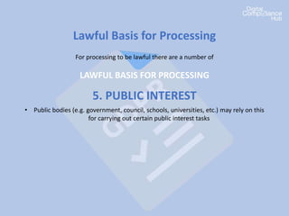 Lawful Basis for Processing
For processing to be lawful there are a number of
LAWFUL BASIS FOR PROCESSING
5. PUBLIC INTEREST
• Public bodies (e.g. government, council, schools, universities, etc.) may rely on this
for carrying out certain public interest tasks
 