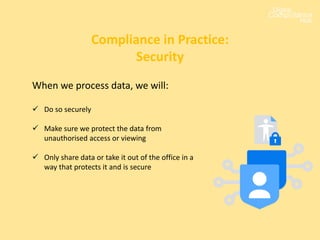 When we process data, we will:
 Do so securely
 Make sure we protect the data from
unauthorised access or viewing
 Only share data or take it out of the office in a
way that protects it and is secure
Compliance in Practice:
Security
 