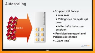 Autoscaling
                                      •Gruppen mit Policys




                     Frontend Array
                                        • min, max
                                        • Votingrules for scale up/
                                        down

     Traffic
                                        •fehlerhafte Instanzen
                                        ersetzen

               EC2


                     EC2
                                      • Provisionierungszeit und
               EC2


                     EC2
               EC2
                                      Policies abstimmen

                     EC2
                                      • „Calm time“
 