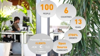 100              6
     PEOPLE
                 COUNTRIES


                              13
                              YEARS



                          2700%
                          GROWTH

CLIENTS        Open
              Source
              COMMUNITY
 
