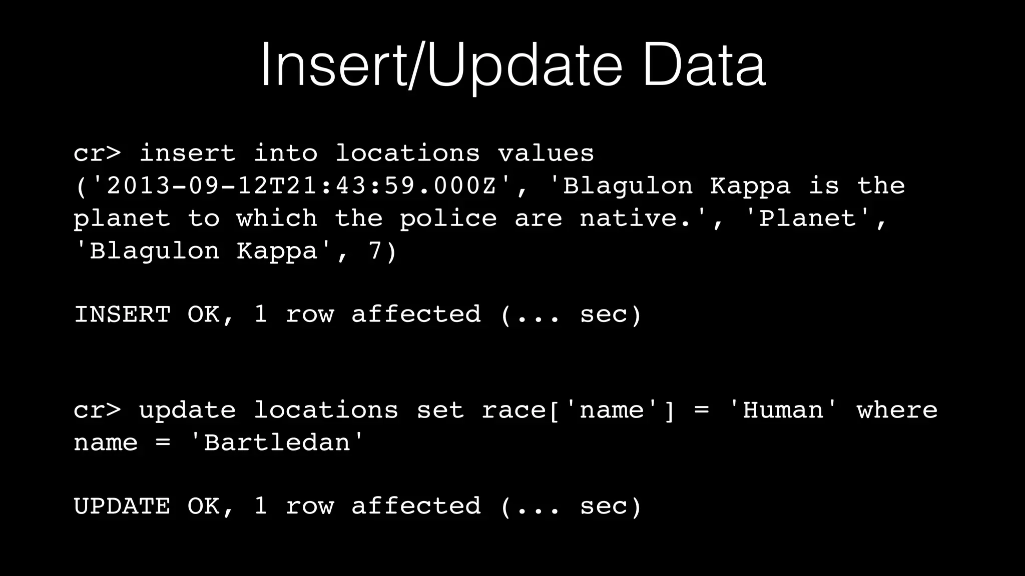 Insert/Update Data
cr> insert into locations values
('2013-09-12T21:43:59.000Z', 'Blagulon Kappa is the
planet to which the police are native.', 'Planet',
'Blagulon Kappa', 7)!
INSERT OK, 1 row affected (... sec) 

cr> update locations set race['name'] = 'Human' where
name = 'Bartledan'!
UPDATE OK, 1 row affected (... sec)

 