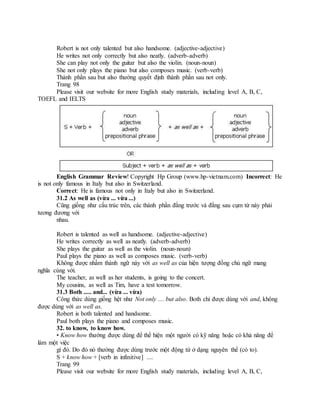 Robert is not only talented but also handsome. (adjective-adjective)
He writes not only correctly but also neatly. (adverb-adverb)
She can play not only the guitar but also the violin. (noun-noun)
She not only plays the piano but also composes music. (verb-verb)
Thành phần sau but also thường quyết định thành phần sau not only.
Trang 98
Please visit our website for more English study materials, including level A, B, C,
TOEFL and IELTS
English Grammar Review! Copyright Hp Group (www.hp-vietnam.com) Incorrect: He
is not only famous in Italy but also in Switzerland.
Correct: He is famous not only in Italy but also in Switzerland.
31.2 As well as (vừa ... vừa ...)
Cũng giống như cấu trúc trên, các thành phần đằng trước và đằng sau cụm từ này phải
tương đương với
nhau.
Robert is talented as well as handsome. (adjective-adjective)
He writes correctly as well as neatly. (adverb-adverb)
She plays the guitar as well as the violin. (noun-noun)
Paul plays the piano as well as composes music. (verb-verb)
Không được nhầm thành ngữ này với as well as của hiện tượng đồng chủ ngữ mang
nghĩa cùng với.
The teacher, as well as her students, is going to the concert.
My cousins, as well as Tim, have a test tomorrow.
31.3 Both ..... and... (vừa ... vừa)
Công thức dùng giống hệt như Not only .... but also. Both chỉ được dùng với and, không
được dùng với as well as.
Robert is both talented and handsome.
Paul both plays the piano and composes music.
32. to know, to know how.
• Know how thường được dùng để thể hiện một người có kỹ năng hoặc có khả năng để
làm một việc
gì đó. Do đó nó thường được dùng trước một động từ ở dạng nguyên thể (có to).
S + know how + [verb in infinitive] ....
Trang 99
Please visit our website for more English study materials, including level A, B, C,
 