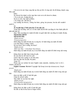 • Go on to do smt: Quay sang tiếp tục làm gì (vẫn về cùng một vấn đề nhưng chuyển sang
khía cạnh
khác)
He showed the island on the map then went on to tell about its climate.
• Try to do smt: cố gắng làm gì
He try to solve this math problem.
• Try doing smt: Thử làm gì
I try sending her flowers, writing her letter, giving her presents, but she still wouldn’t
speak to
me.
36. Sự phù hợp về thời giưa hai vế của một câu
Trong một câu tiếng Anh có 2 vế (hai mệnh đề) thì thời của động từ ở hai thành phần đó
phải phù hợp với
nhau. Thời của động từ ở mệnh đề chính sẽ quyết định thời của động từ ở mệnh đề phụ.
MỆNH ĐỀ CHÍNH
MỆNH ĐỀ PHỤ
Simple present
Present progressive
Hành động của mệnh đề phụ xảy ra cùng lúc với hành động của mệnh đề chính
I see that Hung is writing a letter.
Do you know who is riding the horse?
Simple present
Will/ Can/ May + Verb (hoặc Near future)
Hành động của mệnh đề phụ xảy ra sau hành động của mệnh đề chính trong một tương
lai
không được xác định hoặc tương lai gần.
He says that he will look for a job.
I know that she is going to win that prize.
She says that she can play the piano.
Trang 103
Please visit our website for more English study materials, including level A, B, C,
TOEFL and IELTS
English Grammar Review! Copyright Hp Group (www.hp-vietnam.com) Simple
present
Simple past
Hành động của mệnh đề phụ xảy ra trước hành động của mệnh đề chính trong một quá
khứ
được xác định cụ thể về mặt thời gian.
I hope he arrived safely.
They think he was here last night.
Simple present
Present perfect (progressive)
Hành động của mệnh đề phụ xảy ra trước hành động của mệnh đề chính trong một quá
khứ
không được xác định cụ thể về mặt thời gian.
He tells us that he has been to Saigon before.
 