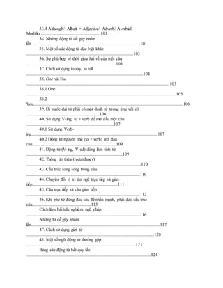33.4 Although/ Albeit + Adjective/ Adverb/ Averbial
Modifier.......................................................101
34. Những động từ dễ gây nhầm
lẫn....................................................................................................101
35. Một số các động từ đặc biệt khác
..................................................................................................103
36. Sự phù hợp về thời giưa hai vế của một câu
..................................................................................103
37. Cách sử dụng to say, to tell
...........................................................................................................104
38. One và You
...................................................................................................................................105
38.1 One
.........................................................................................................................................105
38.2
You.........................................................................................................................................106
39. Đi trước đại từ phải có một danh từ tương ứng với nó
...................................................................106
40. Sử dụng V-ing, to + verb để mở đầu một câu
................................................................................107
40.1 Sử dụng Verb-
ing....................................................................................................................107
40.2 Động từ nguyên thể (to + verb) mở đầu
câu.............................................................................109
41. Động từ (V-ing, V-ed) dùng làm tính từ
........................................................................................109
42. Thông tin thừa (redundancy)
.........................................................................................................110
43. Cấu trúc song song trong câu
........................................................................................................110
44. Chuyển đổi vị trí tân ngữ trực tiếp và gián
tiếp..............................................................................111
45. Câu trực tiếp và câu gián tiếp
........................................................................................................112
46. Khi phó từ đứng đầu câu để nhấn mạnh, phải đảo cấu trúc
câu......................................................113
Cách làm bài trắc nghiệm ngữ pháp
........................................................................................................116
Những từ dễ gây nhầm
lẫn......................................................................................................................117
47. Cách sử dụng giới từ
.....................................................................................................................120
48. Một số ngữ động từ thường gặp
....................................................................................................123
Bảng các động từ bất quy tắc
..................................................................................................................124
 