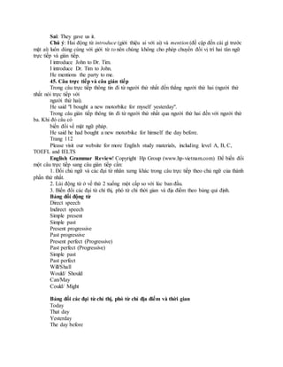 Sai: They gave us it.
Chú ý: Hai động từ introduce (giới thiệu ai với ai) và mention (đề cập đến cái gì trước
mặt ai) luôn dùng cùng với giới từ to nên chúng không cho phép chuyển đổi vị trí hai tân ngữ
trực tiếp và gián tiếp.
I introduce John to Dr. Tim.
I introduce Dr. Tim to John.
He mentions the party to me.
45. Câu trực tiếp và câu gián tiếp
Trong câu trực tiếp thông tin đi từ người thứ nhất đến thẳng người thứ hai (người thứ
nhất nói trực tiếp với
người thứ hai).
He said "I bought a new motorbike for myself yesterday".
Trong câu gián tiếp thông tin đi từ người thứ nhất qua người thứ hai đến với người thứ
ba. Khi đó câu có
biến đổi về mặt ngữ pháp.
He said he had bought a new motorbike for himself the day before.
Trang 112
Please visit our website for more English study materials, including level A, B, C,
TOEFL and IELTS
English Grammar Review! Copyright Hp Group (www.hp-vietnam.com) Để biến đổi
một câu trực tiếp sang câu gián tiếp cần:
1. Đổi chủ ngữ và các đại từ nhân xưng khác trong câu trực tiếp theo chủ ngữ của thành
phần thứ nhất.
2. Lùi động từ ở vế thứ 2 xuống một cấp so với lúc ban đầu.
3. Biến đổi các đại từ chỉ thị, phó từ chỉ thời gian và địa điểm theo bảng qui định.
Bảng đổi động từ
Direct speech
Indirect speech
Simple present
Simple past
Present progressive
Past progressive
Present perfect (Progressive)
Past perfect (Progressive)
Simple past
Past perfect
Will/Shall
Would/ Should
Can/May
Could/ Might
Bảng đổi các đại từ chỉ thị, phó từ chỉ địa điểm và thời gian
Today
That day
Yesterday
The day before
 