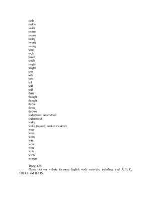 stole
stolen
swim
swam
swum
swing
swung
swung
take
took
taken
teach
taught
taught
tear
tore
torn
tell
told
told
think
thought
thought
throw
threw
thrown
understand understood
understood
wake
woke (waked) woken (waked)
wear
wore
worn
win
won
won
write
wrote
written
Trang 126
Please visit our website for more English study materials, including level A, B, C,
TOEFL and IELTS
 