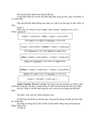 Thời quá khứ hoàn thành được dùng để diễn đạt:
(1) một hành động xảy ra trước một hành động khác trong quá khứ, trong câu thường có
có 2 hành động:
Thời quá khứ hoàn thành thường được dùng với 3 phó từ chỉ thời gian là: after, before và
when.
Trang 21
Please visit our website for more English study materials, including level A, B, C,
TOEFL and IELTS
English Grammar Review! Copyright Hp Group (www.hp-vietnam.com) Phó từ when
có thể được dùng thay cho after và before trong cả 4 mẫu trên mà không làm thay đổi ý nghĩa
của câu. Chúng ta vẫn biết hành động nào xảy ra trước do có sử dụng quá khứ hoàn
thành.
The police came when the robber had gone away.
(2) Một trạng thái đã tồn tại một thời gian trong quá khứ nhưng đã chấm dứt trước hiện
tại. Trường hợp
này tương tự trường hợp (3) đối với hiện tại hoàn thành nhưng trong trường hợp này
không có liên hệ gì
với hiện tại.
 