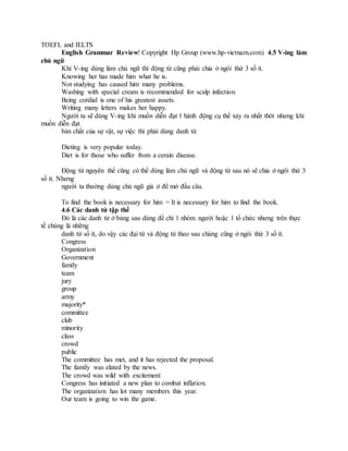 TOEFL and IELTS
English Grammar Review! Copyright Hp Group (www.hp-vietnam.com) 4.5 V-ing làm
chủ ngữ
Khi V-ing dùng làm chủ ngữ thì động từ cũng phải chia ở ngôi thứ 3 số ít.
Knowing her has made him what he is.
Not studying has caused him many problems.
Washing with special cream is recommended for scalp infection.
Being cordial is one of his greatest assets.
Writing many letters makes her happy.
Người ta sẽ dùng V-ing khi muốn diễn đạt 1 hành động cụ thể xảy ra nhất thời nhưng khi
muốn diễn đạt
bản chất của sự vật, sự việc thì phải dùng danh từ
Dieting is very popular today.
Diet is for those who suffer from a cerain disease.
Động từ nguyên thể cũng có thể dùng làm chủ ngữ và động từ sau nó sẽ chia ở ngôi thứ 3
số ít. Nhưng
người ta thường dùng chủ ngữ giả it để mở đầu câu.
To find the book is necessary for him = It is necessary for him to find the book.
4.6 Các danh từ tập thể
Đó là các danh từ ở bảng sau dùng để chỉ 1 nhóm người hoặc 1 tổ chức nhưng trên thực
tế chúng là những
danh từ số ít, do vậy các đại từ và động từ theo sau chúng cũng ở ngôi thứ 3 số ít.
Congress
Organization
Government
family
team
jury
group
army
majority*
committee
club
minority
class
crowd
public
The committee has met, and it has rejected the proposal.
The family was elated by the news.
The crowd was wild with excitement
Congress has initiated a new plan to combat inflation.
The organization has lot many members this year.
Our team is going to win the game.
 
