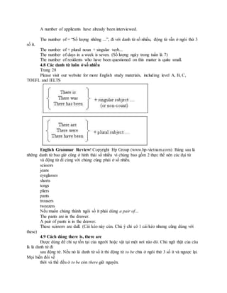 A number of applicants have already been interviewed.
The number of = “Số lượng những ...”, đi với danh từ số nhiều, động từ vẫn ở ngôi thứ 3
số ít.
The number of + plural noun + singular verb...
The number of days in a week is seven. (Số lượng ngày trong tuần là 7)
The number of residents who have been questioned on this matter is quite small.
4.8 Các danh từ luôn ở số nhiều
Trang 28
Please visit our website for more English study materials, including level A, B, C,
TOEFL and IELTS
English Grammar Review! Copyright Hp Group (www.hp-vietnam.com) Bảng sau là
những danh từ bao giờ cũng ở hình thái số nhiều vì chúng bao gồm 2 thực thể nên các đại từ
và động từ đi cùng với chúng cũng phải ở số nhiều.
scissors
jeans
eyeglasses
shorts
tongs
pliers
pants
trousers
tweezers
Nếu muốn chúng thành ngôi số ít phải dùng a pair of...
The pants are in the drawer.
A pair of pants is in the drawer.
These scissors are dull. (Cái kéo này cùn. Chú ý chỉ có 1 cái kéo nhưng cũng dùng với
these)
4.9 Cách dùng there is, there are
Được dùng để chỉ sự tồn tại của người hoặc vật tại một nơi nào đó. Chủ ngữ thật của câu
là là danh từ đi
sau động từ. Nếu nó là danh từ số ít thì động từ to be chia ở ngôi thứ 3 số ít và ngược lại.
Mọi biến đổi về
thời và thể đều ở to be còn there giữ nguyên.
 