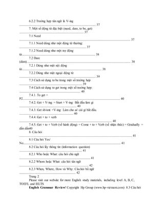 6.2.2 Trường hợp tân ngữ là V-ing
............................................................................................... 37
7. Một số động từ đặc biệt (need, dare, to be, get)
................................................................................ 37
7.1 Need
.......................................................................................................................................... 37
7.1.1 Need dùng như một động từ thường:
................................................................................... 37
7.1.2 Need dùng như một trợ động
từ........................................................................................... 38
7.2 Dare
(dám)................................................................................................................................. 38
7.2.1 Dùng như một nội động
từ................................................................................................... 38
7.2.2 Dùng như một ngoại động từ
............................................................................................... 39
7.3 Cách sử dụng to be trong một số trường hợp
.............................................................................. 39
7.4 Cách sử dụng to get trong một số trường hợp:
............................................................................ 40
7.4.1. To get +
P2......................................................................................................................... 40
7.4.2. Get + V-ing = Start + V-ing: Bắt đầu làm gì
....................................................................... 40
7.4.3. Get sb/smt +V-ing: Làm cho ai/ cái gì bắt đầu.
................................................................... 40
7.4.4. Get + to + verb
................................................................................................................... 40
7.4.5. Get + to + Verb (về hành động) = Come + to + Verb (về nhận thức) = Gradually =
dần dần40
8. Câu hỏi
............................................................................................................................................ 41
8.1 Câu hỏi Yes/
No......................................................................................................................... 41
8.2 Câu hỏi lấy thông tin (information question)
.............................................................................. 41
8.2.1 Who hoặc What: câu hỏi chủ ngữ
........................................................................................ 41
8.2.2 Whom hoặc What: câu hỏi tân ngữ
...................................................................................... 42
8.2.3 When, Where, How và Why: Câu hỏi bổ ngữ
...................................................................... 42
Trang 2
Please visit our website for more English study materials, including level A, B, C,
TOEFL and IELTS
English Grammar Review! Copyright Hp Group (www.hp-vietnam.com) 8.3 Câu hỏi
 