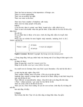 There has been an increase in the importation of foreign cars.
Threre is a storm approaching.
There was an accident last night.
There was water on the floor.
There have been a number of telephone calls today.
There were too many people at the party.
Lưu ý:
• Các cấu trúc: there is certain/ sure/ likely/ bound to be = chắc chắn là sẽ có
There is sure to be trouble when she gets his letter. (Chắc chắn là sẽ có rắc rối khi cô ấy
nhận được
thư anh ta)
Do you think there is likely to be snow. (Anh cho rằng chắc chắn sẽ có tuyết chứ)
Trang 29
Please visit our website for more English study materials, including level A, B, C,
TOEFL and IELTS
English Grammar Review! Copyright Hp Group (www.hp-vietnam.com)
• Trong dạng tiếng Anh quy chuẩn hoặc văn chương một số các động từ khác ngoài to be
cũng được
sử dụng với there:
Động từ trạng thái: stand/ lie/ remain/ exist/ live
Động từ chỉ sự đến: enter/ go/ come/ follow/ develop
In a small town in Germany there once lived a poor shoemaker. (Tại một thị trấn nhỏ ở
Đức
có một ông thợ giày nghèo sống ở đó)
There remains nothing more to be done . (Chả còn có gì nữa mà làm)
Suddenly there entered a strange figure dressed all in black. (Bỗng có một hình bóng kì lạ
mặc toàn đồ đen đi vào)
There followed an uncomfortable silence. (Sau đó là một sự im lặng đến khó chịu)
• There + subject pronoun + go/ come/ be: kìa/ thế là/ rồi thì
There he comes (Anh ta đã đến rồi kia kìa)
There you are, I have been waiting for you for over an hour. (Anh đây rồi, tôi đang chờ
anh đến
hơn một tiếng rồi đấy)
5. Đại từ
Đại từ được chia làm 5 loại với các chức năng sử dụng khác nhau, bao gồm:
 