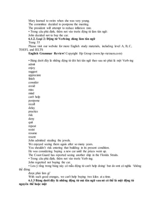 Mary learned to swim when she was very young.
The committee decided to postpone the meeting.
The president will attempt to reduce inflation rate.
• Trong câu phủ định, thêm not vào trước động từ làm tân ngữ:
John decided not to buy the car.
6.1.2. Loại 2: Động từ Verb-ing dùng làm tân ngữ
Trang 33
Please visit our website for more English study materials, including level A, B, C,
TOEFL and IELTS
English Grammar Review! Copyright Hp Group (www.hp-vietnam.com)
• Bảng dưới đây là những động từ đòi hỏi tân ngữ theo sau nó phải là một Verb-ing
admit
enjoy
suggest
appreciate
finish
consider
avoid
miss
mind
can't help
postpone
recall
delay
practice
risk
deny
quit
repeat
resist
resume
resent
John admitted stealing the jewels.
We enjoyed seeing them again after so many years.
You shouldn’t risk entering that building in its present condition.
He was considering buying a new car until the prices went up.
The Coast Guard has reported seeing another ship in the Florida Straits.
• Trong câu phủ định, thêm not vào trước Verb-ing.
John regretted not buying the car.
• Lưu ý rằng trong bảng này có mẫu động từ can't help doing/ but do smt có nghĩa ‘không
thể đừng
được phải làm gì’
With such good oranges, we can't help buying two kilos at a time.
6.1.3 Bảng dưới đây là những động từ mà tân ngữ sau nó có thể là một động từ
nguyên thể hoặc một
 