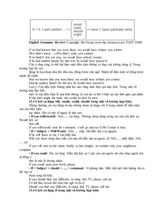 English Grammar Review! Copyright Hp Group (www.hp-vietnam.com) PAST TIME
If we had known that you were there, we would have written you a letter.
(We didn’t know ...) (We didn’t write you a letter)
If we hadn’t lost our way, we would have arrived sooner.
If he had studied harder for that test, he would have passed it.
Chú ý rằng cũng có thể thể hiện một điều kiện không có thực mà không dùng if. Trong
trường hợp đó, trợ
động từ had được đưa lên đầu câu, đứng trước chủ ngữ. Mệnh đề điều kiện sẽ đứng trước
mệnh đề chính.
Had we known that you were there, we would have written you a letter.
Had he studied harder for the test, he would have passed it.
Lưu ý: Câu điều kiện không phải lúc nào cũng tuân theo qui luật trên. Trong một số
trường hợp đặc biệt,
một vế của điều kiện là quá khứ nhưng vế còn lại có thể ở hiện tại (do thời gian qui định).
If she had caught the train, she would be here by now.
13.3 Cách sử dụng will, would, could, should trong một số trường hợp khác
Thông thường các trợ động từ này không được sử dụng với if trong mệnh đề điều kiện
của câu điều kiện,
tuy nhiên vẫn có một số ngoại lệ như sau:
• If you (will/would): Nếu ..... vui lòng. Thường được dùng trong các yêu cầu lịch sự.
Would lịch sự
hơn will.
If you will/would wait for a moment, I will go and see if Mr Conner is here.
• If + Subject + Will/Would: Nếu ..... chịu. Để diễn đạt ý tự nguyện.
If he will listen to me, I can help him.
Will còn được dùng theo mẫu câu này để diễn đạt sự ngoan cố: Nếu ..... nhất định, Nếu
..... cứ.
If you will turn on the music loudly so late tonight, no wonder why your neighbours
complain.
• If you could: Xin vui lòng. Diễn đạt lịch sự 1 yêu cầu mà người nói cho rằng người kia
sẽ đồng ý
như là một lẽ đương nhiên.
If you could open your book, please.
• If + Subject + should + ..... + command: Ví phỏng như. Diễn đạt một tình huống dù có
thể xảy ra
được song rất khó.
If you should find any difficulty in using that TV, please call me.
Có thể đảo should lên trên chủ ngữ và bỏ if
Should you find any difficulty in using that TV, please call me.
13.4 Cách sử dụng if trong một số trường hợp khác
 