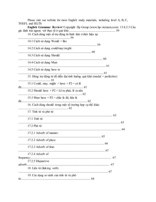 Please visit our website for more English study materials, including level A, B, C,
TOEFL and IELTS
English Grammar Review! Copyright Hp Group (www.hp-vietnam.com) 13.8.2.3 Câu
giả định trái ngược với thực tế ở quá khứ............................................................. 59
14. Cách dùng một số trợ động từ hình thái ở thời hiện tại
................................................................... 59
14.1 Cách sử dụng Would + like
...................................................................................................... 59
14.2 Cách sử dụng could/may/might:
............................................................................................... 60
14.3 Cách sử dụng Should:
.............................................................................................................. 60
14.4 Cách sử dụng Must
.................................................................................................................. 61
14.5 Cách sử dụng have to
............................................................................................................... 61
15. Dùng trợ động từ để diễn đạt tình huống quá khứ (modal + perfective)
.......................................... 61
15.1 Could, may, might + have + P2 = có lẽ
đã................................................................................. 61
15.2 Should have + P2 = Lẽ ra phải, lẽ ra nên
................................................................................... 62
15.3 Must have + P2 = chắc là đã, hẳn là
đã...................................................................................... 62
16. Cách dùng should trong một số trường hợp cụ thể khác
................................................................. 62
17. Tính từ và phó từ
........................................................................................................................... 63
17.1 Tính từ
..................................................................................................................................... 63
17.2 Phó từ
...................................................................................................................................... 64
17.2.1 Adverb of manner:
............................................................................................................ 65
17.2.2 Adverb of place:
................................................................................................................ 66
17.2.3 Adverb of time:
................................................................................................................. 67
17.2.4 Adverb of
frequency:......................................................................................................... 67
17.2.5 Disjunctive
adverb:............................................................................................................ 67
18. Liên từ (linking verb)
..................................................................................................................... 67
19. Các dạng so sánh của tính từ và phó
từ........................................................................................... 68
 
