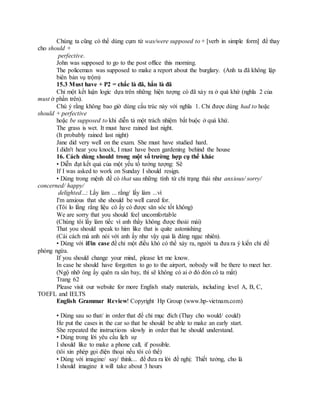 Chúng ta cũng có thể dùng cụm từ was/were supposed to + [verb in simple form] để thay
cho should +
perfective.
John was supposed to go to the post office this morning.
The policeman was supposed to make a report about the burglary. (Anh ta đã không lập
biên bản vụ trộm)
15.3 Must have + P2 = chắc là đã, hẳn là đã
Chỉ một kết luận logic dựa trên những hiện tượng có đã xảy ra ở quá khứ (nghĩa 2 của
must ở phần trên).
Chú ý rằng không bao giờ dùng cấu trúc này với nghĩa 1. Chỉ được dùng had to hoặc
should + perfective
hoặc be supposed to khi diễn tả một trách nhiệm bắt buộc ở quá khứ.
The grass is wet. It must have rained last night.
(It probably rained last night)
Jane did very well on the exam. She must have studied hard.
I didn't hear you knock, I must have been gardening behind the house
16. Cách dùng should trong một số trường hợp cụ thể khác
• Diễn đạt kết quả của một yếu tố tưởng tượng: Sẽ
If I was asked to work on Sunday I should resign.
• Dùng trong mệnh đề có that sau những tính từ chỉ trạng thái như anxious/ sorry/
concerned/ happy/
delighted...: Lấy làm ... rằng/ lấy làm ...vì
I'm anxious that she should be well cared for.
(Tôi lo lắng rằng liệu cô ấy có được săn sóc tốt không)
We are sorry that you should feel uncomfortable
(Chúng tôi lấy làm tiếc vì anh thấy không được thoải mái)
That you should speak to him like that is quite astonishing
(Cái cách mà anh nói với anh ấy như vậy quả là đáng ngạc nhiên).
• Dùng với if/in case để chỉ một điều khó có thể xảy ra, người ta đưa ra ý kiến chỉ đề
phòng ngừa.
If you should change your mind, please let me know.
In case he should have forgotten to go to the airport, nobody will be there to meet her.
(Ngộ nhỡ ông ấy quên ra sân bay, thì sẽ không có ai ở đó đón cô ta mất)
Trang 62
Please visit our website for more English study materials, including level A, B, C,
TOEFL and IELTS
English Grammar Review! Copyright Hp Group (www.hp-vietnam.com)
• Dùng sau so that/ in order that để chỉ mục đích (Thay cho would/ could)
He put the cases in the car so that he should be able to make an early start.
She repeated the instructions slowly in order that he should understand.
• Dùng trong lời yêu cầu lịch sự
I should like to make a phone call, if possible.
(tôi xin phép gọi điện thoại nếu tôi có thể)
• Dùng với imagine/ say/ think... để đưa ra lời đề nghị: Thiết tưởng, cho là
I should imagine it will take about 3 hours
 