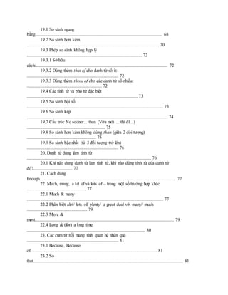 19.1 So sánh ngang
bằng.................................................................................................................. 68
19.2 So sánh hơn kém
...................................................................................................................... 70
19.3 Phép so sánh không hợp lý
....................................................................................................... 72
19.3.1 Sở hữu
cách:...................................................................................................................... 72
19.3.2 Dùng thêm that of cho danh từ số ít:
.................................................................................. 72
19.3.3 Dùng thêm those of cho các danh từ số nhiều:
................................................................... 72
19.4 Các tính từ và phó từ đặc biệt
................................................................................................... 73
19.5 So sánh bội số
.......................................................................................................................... 73
19.6 So sánh kép
.............................................................................................................................. 74
19.7 Cấu trúc No sooner... than (Vừa mới ... thì đã...)
...................................................................... 75
19.8 So sánh hơn kém không dùng than (giữa 2 đối tượng)
.............................................................. 75
19.9 So sánh bậc nhất (từ 3 đối tượng trở lên)
.................................................................................. 76
20. Danh từ dùng làm tính từ
............................................................................................................... 76
20.1 Khi nào dùng danh từ làm tính từ, khi nào dùng tính từ của danh từ
đó?................................... 77
21. Cách dùng
Enough......................................................................................................................... 77
22. Much, many, a lot of và lots of – trong một số trường hợp khác
..................................................... 77
22.1 Much & many
.......................................................................................................................... 77
22.2 Phân biệt alot/ lots of/ plenty/ a great deal với many/ much
...................................................... 79
22.3 More &
most............................................................................................................................ 79
22.4 Long & (for) a long time
.......................................................................................................... 80
23. Các cụm từ nối mang tính quan hệ nhân quả
.................................................................................. 81
23.1 Because, Because
of................................................................................................................. 81
23.2 So
that...................................................................................................................................... 81
 