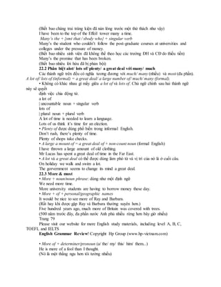 (Biết bao chàng trai tráng kiện đã nản lòng trước một thử thách như vậy)
I have been to the top of the Effeil tower many a time.
Many’s the + {smt that / sbody who} + singular verb
Many’s the student who couldn’t follow the post-graduate courses at universities and
colleges under the pressure of money.
(Biết bao nhiêu sinh viên đã không thể theo học các trường ĐH và CĐ do thiếu tiền)
Many’s the promise that has been broken.
(Biết bao nhiêu lời hứa đã bị phản bội)
22.2 Phân biệt alot/ lots of/ plenty/ a great deal với many/ much
Các thành ngữ trên đều có nghĩa tương đương với much/ many (nhiều) và most (đa phần).
A lot of/ lots of (informal) = a great deal/ a large number of/ much/ many (formal).
• Không có khác nhau gì mấy giữa a lot of và lots of. Chủ ngữ chính sau hai thành ngữ
này sẽ quyết
định việc chia động từ.
a lot of
| uncountable noun + singular verb
lots of
| plural noun + plural verb
A lot of time is needed to learn a language.
Lots of us think it’s time for an election.
• Plenty of được dùng phổ biến trong informal English.
Don’t rush, there’s plenty of time.
Plenty of shops take checks.
• A large a mount of = a great deal of + non-count noun (formal English)
I have thrown a large amount of old clothing.
Mr Lucas has spent a great deal of time in the Far East.
• A lot và a great deal có thể được dùng làm phó từ và vị trí của nó là ở cuối câu.
On holiday we walk and swim a lot.
The gorvernment seems to change its mind a great deal.
22.3 More & most
• More + noun/noun phrase: dùng như một định ngữ
We need more time.
More university students are having to borrow money these day.
• More + of + personal/geographic names
It would be nice to see more of Ray and Barbara.
(Rất hay khi được gặp Ray và Barbara thường xuyên hơn.)
Five hundred years ago, much more of Britain was covered with trees.
(500 năm trước đây, đa phần nước Anh phủ nhiều rừng hơn bây giờ nhiều)
Trang 79
Please visit our website for more English study materials, including level A, B, C,
TOEFL and IELTS
English Grammar Review! Copyright Hp Group (www.hp-vietnam.com)
• More of + determiner/pronoun (a/ the/ my/ this/ him/ them...)
He is more of a fool than I thought.
(Nó là một thằng ngu hơn tôi tưởng nhiều)
 