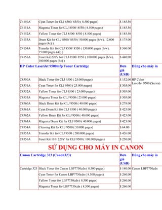 C4150A       Cyan Toner for CLJ 8500/ 8550 ( 8.500 pages)               $ 185.50
C4151A       Magenta Toner for CLJ 8500/ 8550 ( 8.500 pages)            $ 185.50
C4152A       Yellow Toner for CLJ 8500/ 8550 ( 8.500 pages)             $ 185.50
C4153A       Drum Kit for CLJ 8500/ 8550 ( 50.000 pages (b/w), 12.000   $ 175.00
             pages (4c) )
C4154A       Transfer Kit for CLJ 8500/ 8550 ( 150.000 pages (b/w),     $ 560.00
             75.000 pages (4c) )
C4156A       Fuser Kit 220V for CLJ 8500/ 8550 ( 100.000 pages (b/w),   $ 440.00
             100.000 pages (4c) )
HP Color LaserJet 9500mfp Toner Cartridge                               Đơn   Dùng cho máy in
                                                                        giá
                                                                        (USD)
C8550A       Black Toner for CLJ 9500 ( 25.000 pages)                   $ 152.00 HP Color
                                                                                 LaserJet 9500 (Series)
C8551A       Cyan Toner for CLJ 9500 ( 25.000 pages)                    $ 305.00
C8552A       Yellow Toner for CLJ 9500 ( 25.000 pages)                  $ 305.00
C8553A       Magenta Toner for CLJ 9500 ( 25.000 pages)                 $ 305.00
C8560A       Black Drum Kit for CLJ 9500 ( 40.000 pages)                $ 278.00
C8561A       Cyan Drum Kit for CLJ 9500 ( 40.000 pages)                 $ 425.00
C8562A       Yellow Drum Kit for CLJ 9500 ( 40.000 pages)               $ 425.00
C8563A       Magenta Drum Kit for CLJ 9500 ( 40.000 pages)              $ 425.00
C8554A       Cleaning Kit for CLJ 9500 ( 50.000 pages)                  $ 64.00
C8555A       Transfer Kit for CLJ 9500 ( 200.000 pages)                 $ 426.00
C8556A       Fuser Kit 110/ 220V for CLJ 9500 ( 100.000 pages)          $ 250.00

                    SỬ DỤNG CHO MÁY IN CANON
Canon Cartridge 323 (Canon323)                                          Đơn   Dùng cho máy in
                                                                        giá
                                                                        (USD)
Cartridge 323 Black Toner for Canon LBP7750cdn ( 8.500 pages)           $ 140.00 Canon LBP7750cdn
             Cyan Toner for Canon LBP7750cdn ( 8.500 pages)             $ 260.00
             Yellow Toner for LBP7750cdn ( 8.500 pages)                 $ 260.00
             Magenta Toner for LBP7750cdn ( 8.500 pages)                $ 260.00
 