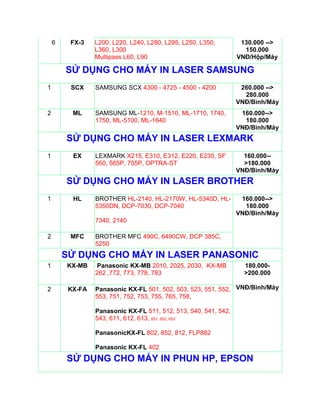 6    FX-3    L200, L220, L240, L280, L295, L250, L350,        130.000 -->
                 L360, L300                                        150.000
                 Multipass L60, L90                              VNĐ/Hộp/Máy

        SỬ DỤNG CHO MÁY IN LASER SAMSUNG
1        SCX     SAMSUNG SCX 4300 - 4725 - 4500 - 4200            260.000 -->
                                                                   280.000
                                                                 VNĐ/Bình/Máy
2         ML     SAMSUNG ML-1210, M-1510, ML-1710, 1740,          160.000-->
                 1750, ML-5100, ML-1640                            180.000
                                                                 VNĐ/Bình/Máy
        SỬ DỤNG CHO MÁY IN LASER LEXMARK
1         EX     LEXMARK X215, E310, E312, E220, E230, SF          160.000--
                 560, 565P, 755P, OPTRA-ST                         >180.000
                                                                 VNĐ/Bình/Máy
        SỬ DỤNG CHO MÁY IN LASER BROTHER
1         HL     BROTHER HL-2140, HL-2170W, HL-5340D, HL-         160.000-->
                 5350DN, DCP-7030, DCP-7040                        180.000
                                                                 VNĐ/Bình/Máy
                 7340, 2140

2        MFC     BROTHER MFC 490C, 6490CW, DCP 385C,
                 5250
        SỬ DỤNG CHO MÁY IN LASER PANASONIC
1       KX-MB     Panasonic KX-MB 2010, 2025, 2030, KX-MB          180.000-
                 262 ,772, 773, 778, 783                           >200.000

2        KX-FA   Panasonic KX-FL 501, 502, 503, 523, 551, 552, VNĐ/Bình/Máy
                 553, 751, 752, 753, 755, 765, 758,

                 Panasonic KX-FL 511, 512, 513, 540, 541, 542,
                 543, 611, 612, 613, 651, 652, 653

                 PanasonicKX-FL 802, 852, 812, FLP882

                 Panasonic KX-FL 402
        SỬ DỤNG CHO MÁY IN PHUN HP, EPSON
 