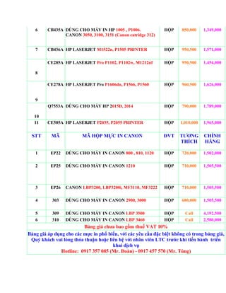 6     CB435A DÙNG CHO MÁY IN HP 1005 , P1006.               HỘP     850,000    1,349,000
                CANON 3050, 3100, 3151 (Canon catridge 312)


   7     CB436A HP LASERJET M1522n, P1505 PRINTER              HỘP     950,500    1,571,000

         CE285A HP LASERJET Pro P1102, P1102w, M1212nf         HỘP     950,500    1,454,000

   8

         CE278A HP LASERJET Pro P1606dn, P1566, P1560          HỘP     960,500    1,626,000


   9
         Q7553A DÙNG CHO MÁY HP 2015D, 2014                    HỘP     790,000    1,789,000

   10
   11    CE505A HP LASERJET P2035, P2055 PRINTER               HỘP    1,010,000   1,965,000


 STT      MÃ             MÃ HỘP MỰC IN CANON                   ĐVT    TƢƠNG       CHÍNH
                                                                      THÍCH       HÃNG

   1      EP22   DÙNG CHO MÁY IN CANON 800 , 810, 1120         HỘP     720,000    1,502,000

   2      EP25   DÙNG CHO MÁY IN CANON 1210                    HỘP     710,000    1,505,500



   3      EP26   CANON LBP3200, LBP3200i, MF3110, MF3222       HỘP     710,000    1,505,500

   4       303   DÙNG CHO MÁY IN CANON 2900, 3000              HỘP     680,000    1,505,500

   5       309   DÙNG CHO MÁY IN CANON LBP 3500                HỘP      Call      4,192,500
   6       310   DÙNG CHO MÁY IN CANON LBP 3460                HỘP      Call      2,580,000
                         Bảng giá chƣa bao gồm thuế VAT 10%
Bảng giá áp dụng cho các mực in phổ biến, với các yêu cầu đặc biệt không có trong bảng giá,
 Quý khách vui lòng thỏa thuận hoặc liên hệ với nhân viên LTC trƣớc khi tiến hành triển
                                      khai dịch vụ
               Hotline: 0917 357 085 (Mr. Đoàn) - 0917 457 570 (Mr. Tùng)
 