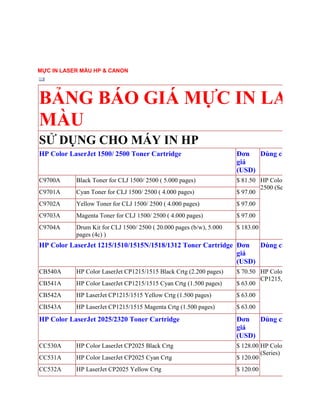 MỰC IN LASER MÀU HP & CANON




BẢNG BÁO GIÁ MỰC IN LASER
MÀU
SỬ DỤNG CHO MÁY IN HP
HP Color LaserJet 1500/ 2500 Toner Cartridge                         Đơn   Dùng cho máy in
                                                                     giá
                                                                     (USD)
C9700A     Black Toner for CLJ 1500/ 2500 ( 5.000 pages)             $ 81.50 HP Color LaserJet 1500
                                                                             2500 (Series)
C9701A     Cyan Toner for CLJ 1500/ 2500 ( 4.000 pages)              $ 97.00
C9702A     Yellow Toner for CLJ 1500/ 2500 ( 4.000 pages)            $ 97.00
C9703A     Magenta Toner for CLJ 1500/ 2500 ( 4.000 pages)           $ 97.00
C9704A     Drum Kit for CLJ 1500/ 2500 ( 20.000 pages (b/w), 5.000   $ 183.00
           pages (4c) )
HP Color LaserJet 1215/1510/1515N/1518/1312 Toner Cartridge Đơn   Dùng cho máy in
                                                            giá
                                                            (USD)
CB540A     HP Color LaserJet CP1215/1515 Black Crtg (2.200 pages)    $ 70.50 HP Color LaserJet CP15
                                                                             CP1215, CP1218, CM1
CB541A     HP Color LaserJet CP1215/1515 Cyan Crtg (1.500 pages)     $ 63.00
CB542A     HP LaserJet CP1215/1515 Yellow Crtg (1.500 pages)         $ 63.00
CB543A     HP LaserJet CP1215/1515 Magenta Crtg (1.500 pages)        $ 63.00

HP Color LaserJet 2025/2320 Toner Cartridge                          Đơn   Dùng cho máy in
                                                                     giá
                                                                     (USD)
CC530A     HP Color LaserJet CP2025 Black Crtg                       $ 128.00 HP Color LaserJet CP20
                                                                              (Series)
CC531A     HP Color LaserJet CP2025 Cyan Crtg                        $ 120.00
CC532A     HP LaserJet CP2025 Yellow Crtg                            $ 120.00
 