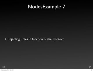 NodesExample 7




       •       Injecting Roles in function of the Context




   DCI                                                      27
Wednesday, April 20, 2011                                        27
 