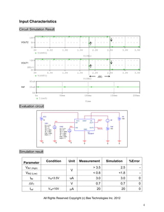 All Rights Reserved Copyright (c) Bee Technologies Inc. 2012
4
U1
TA7291P
GND
OUT1
VREF
IN1
IN2
VCC VS
OUT2
0
IN2
0
OUT2
VIN1
TD = 0
TF = 25m
PW = 25m
PER = 1
V1 = 3.5
TR = 25m
V2 = 0
0
OUT1
0
VS
18V
ref
Vref
10V
0
VIN2
TD = 100m
TF = 25m
PW = 25m
PER = 1
V1 = 3.5
TR = 25m
V2 = 0
IN1
VCC
12
0
Time
0s 50ms 100ms 150ms 200ms
I(ref)
0A
20uA
40uA
V(IN2)
0V 0.5V 1.0V 1.5V 2.0V 2.5V 3.0V 3.5V
V(OUT1)
0V
10V
SEL>>
V(IN1)
0V 0.5V 1.0V 1.5V 2.0V 2.5V 3.0V 3.5V
V(OUT2)
0V
5V
10V
Input Characteristics
Circuit Simulation Result
Evaluation circuit
Simulation result
Parameter
Condition Unit Measurement Simulation %Error
VIN1 (High)
V
> 3.5 2.5 -
VIN2 (Low) < 0.8 <1.8 -
IIN VIN=3.5V uA 3.0 3.0 0
VT V 0.7 0.7 0
Iref Vref=10V A 20 20 0
VOUT2
VOUT1
Iref
VT
 