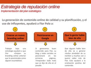Estrategia de reputación online
Implementación del plan estratégico
La generación de contenido online de calidad y su planificación, y el
uso de influyentes, ayudará a Flor Polo a:
Crearse un nuevo
branding online
1
Posicionarse en
Google
2
Que la gente hable
bien de ella
3
Trabajar bajo una
estrategia ayudará a que
Flor «limpie» su
branding online anterior
que la posicionaba como
alguien escandaloso.
Si generamos buen
contenido para Flor, su
blog y redes sociales se
posicionará en las
primeras páginas,
«limpiando» todo malo
que se dijo de ella en el
pasado.
Que alguien hable bien
de ella va a generar
«bulla» alrededor de su
nombre y muchos van a
querer saber más de
Flor. Esto ayudará a la
viralización positiva del
contenido.
 