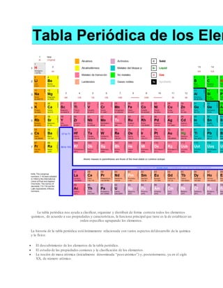 La tabla periódica nos ayuda a clasificar, organizar y distribuir de forma correcta todos los elementos
químicos, de acuerdo a sus propiedades y características, la funciona principal que tiene es la de establecer un
orden especifico agrupando los elementos.
La historia de la tabla periódica está íntimamente relacionada con varios aspectos deldesarrollo de la química
y la física:
 El descubrimiento de los elementos de la tabla periódica.
 El estudio de las propiedades comunes y la clasificación de los elementos.
 La noción de masa atómica (inicialmente denominada “peso atómico”) y, posteriormente, ya en el siglo
XX, de número atómico.
 