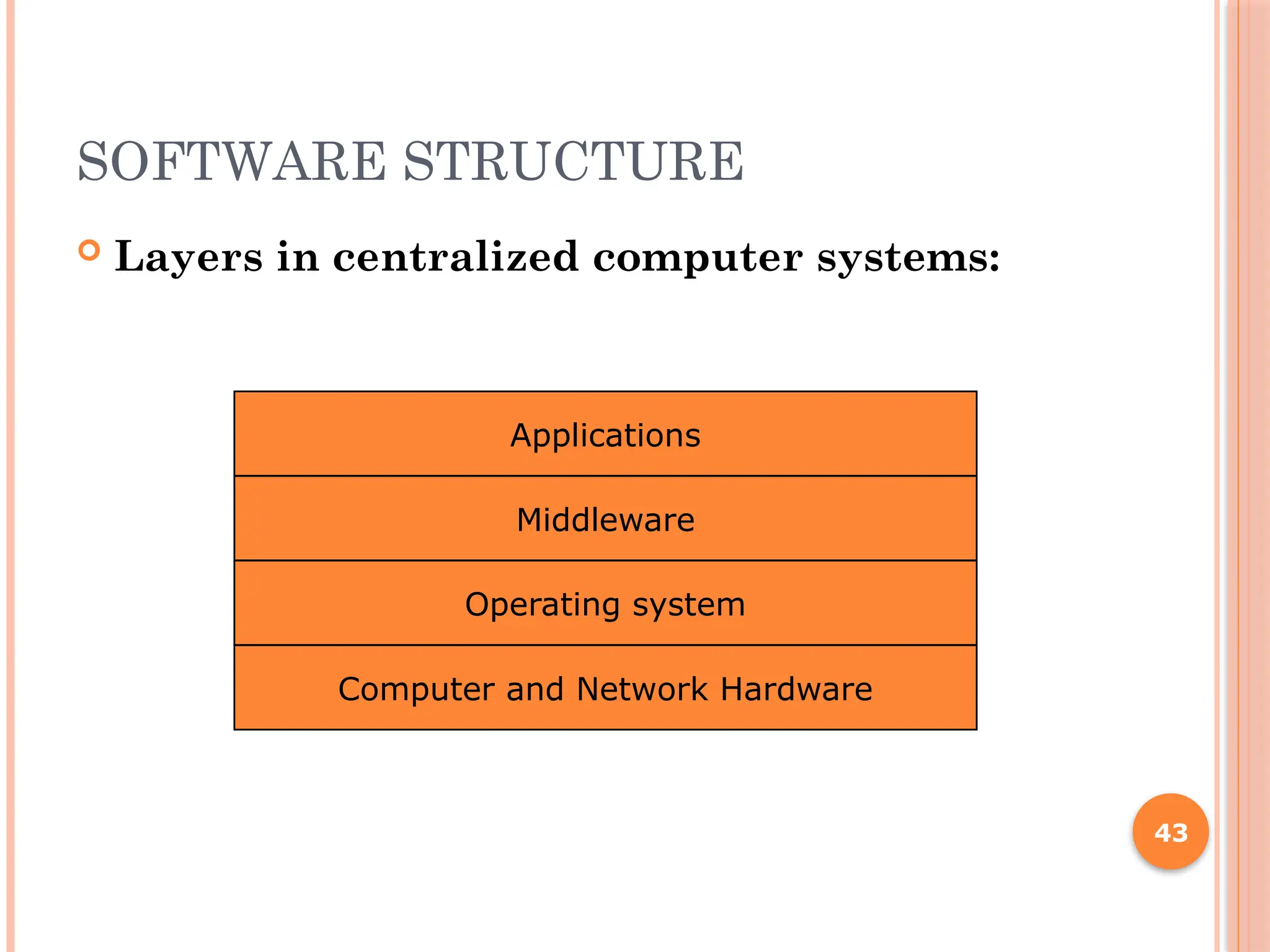 SOFTWARE STRUCTURE
 Layers in centralized computer systems:
43
Applications
Middleware
Operating system
Computer and Network Hardware
 