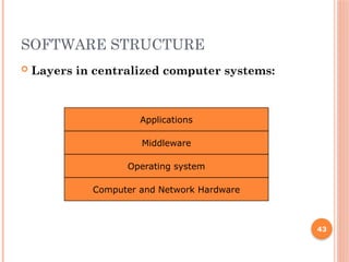SOFTWARE STRUCTURE
 Layers in centralized computer systems:
43
Applications
Middleware
Operating system
Computer and Network Hardware
 