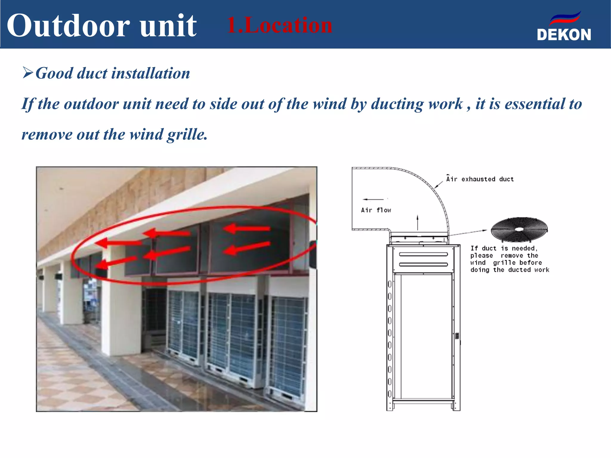 Good duct installation
If the outdoor unit need to side out of the wind by ducting work , it is essential to
remove out the wind grille.
Outdoor unit 1.Location
 