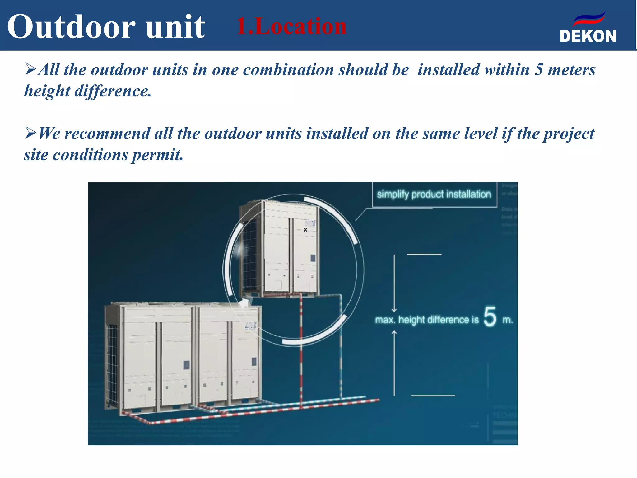 All the outdoor units in one combination should be installed within 5 meters
height difference.
We recommend all the outdoor units installed on the same level if the project
site conditions permit.
Outdoor unit 1.Location
 