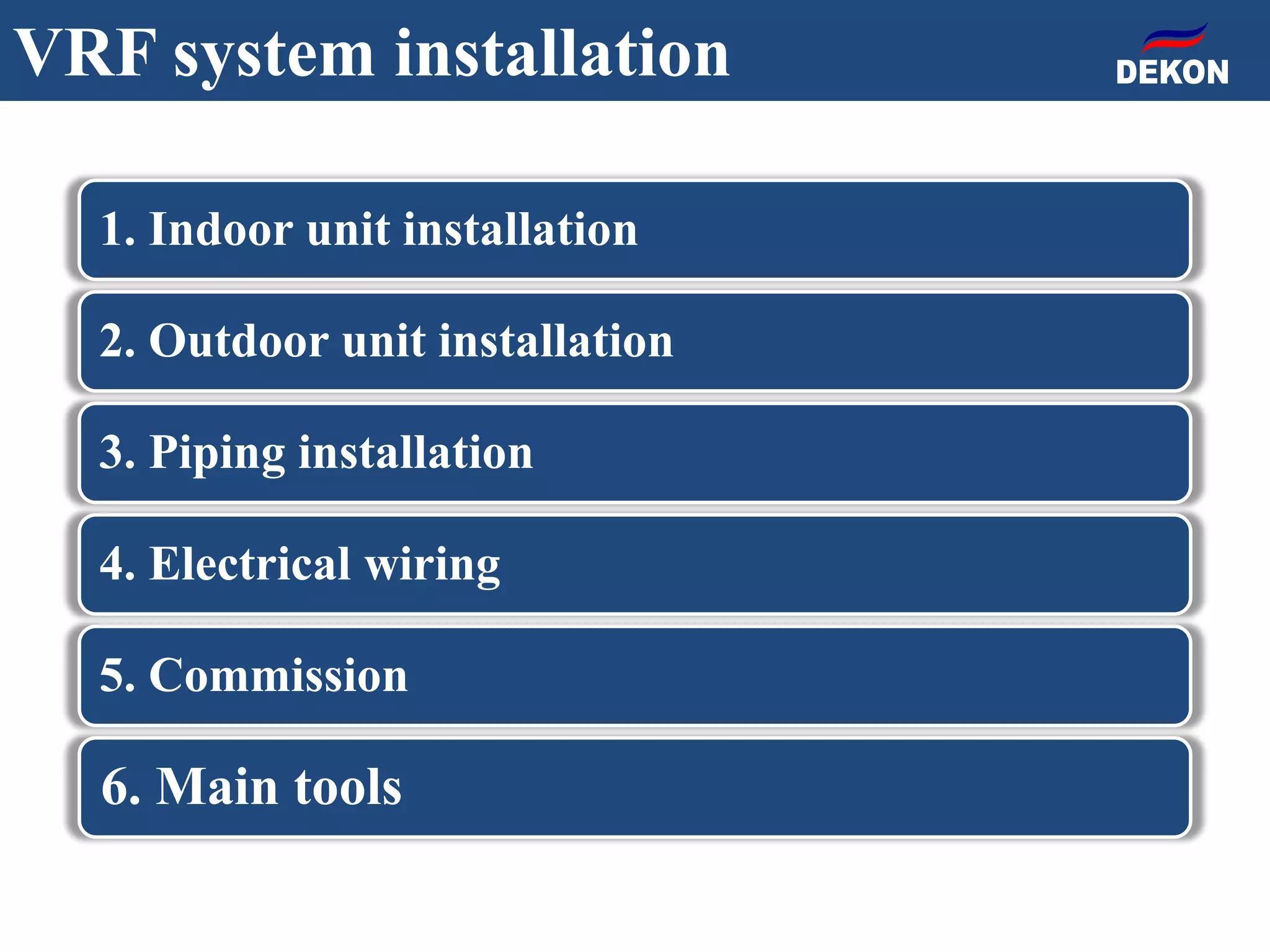1. Indoor unit installation
2. Outdoor unit installation
3. Piping installation
4. Electrical wiring
5. Commission
6. Main tools
VRF system installation
 