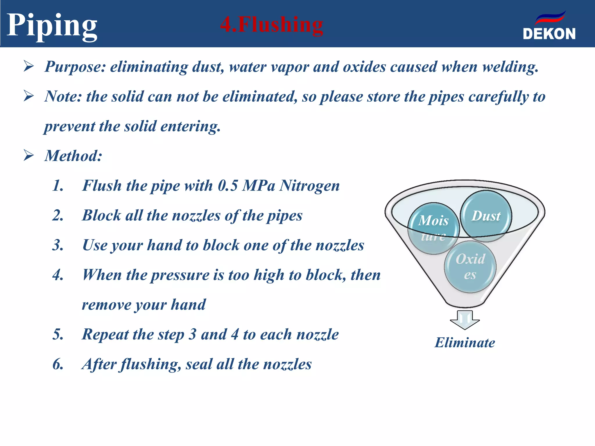 Piping 4.Flushing
 Purpose: eliminating dust, water vapor and oxides caused when welding.
 Note: the solid can not be eliminated, so please store the pipes carefully to
prevent the solid entering.
 Method:
1. Flush the pipe with 0.5 MPa Nitrogen
2. Block all the nozzles of the pipes
3. Use your hand to block one of the nozzles
4. When the pressure is too high to block, then
remove your hand
5. Repeat the step 3 and 4 to each nozzle
6. After flushing, seal all the nozzles
Eliminate
Oxid
es
Mois
ture
Dust
 