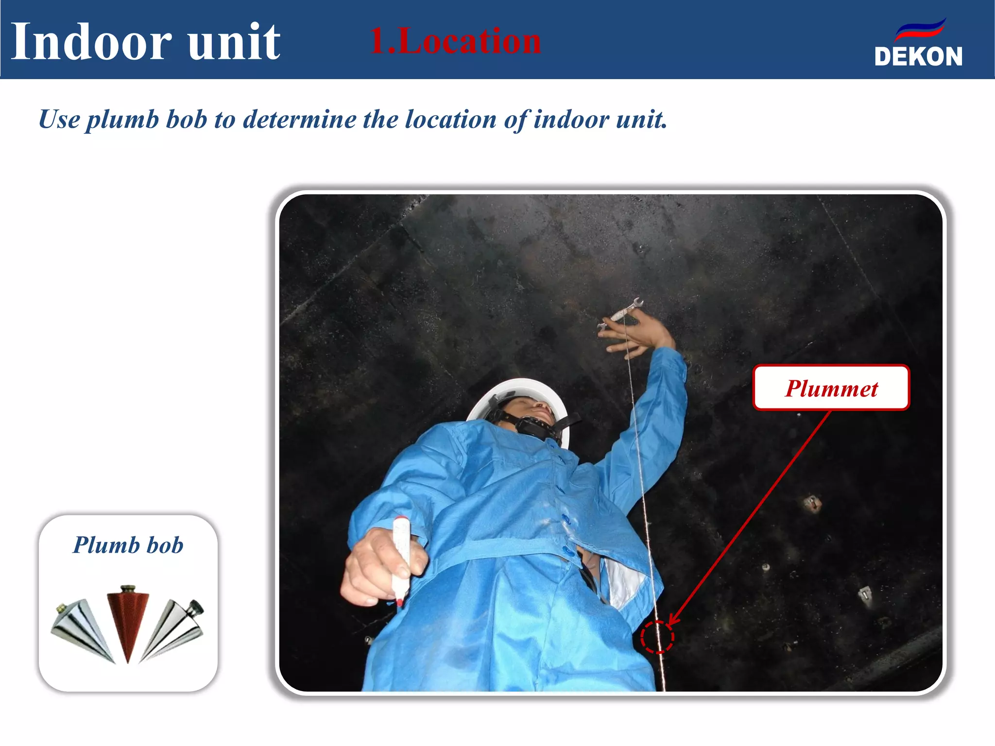 Indoor unit 1.Location
Use plumb bob to determine the location of indoor unit.
Plummet
Plumb bob
 