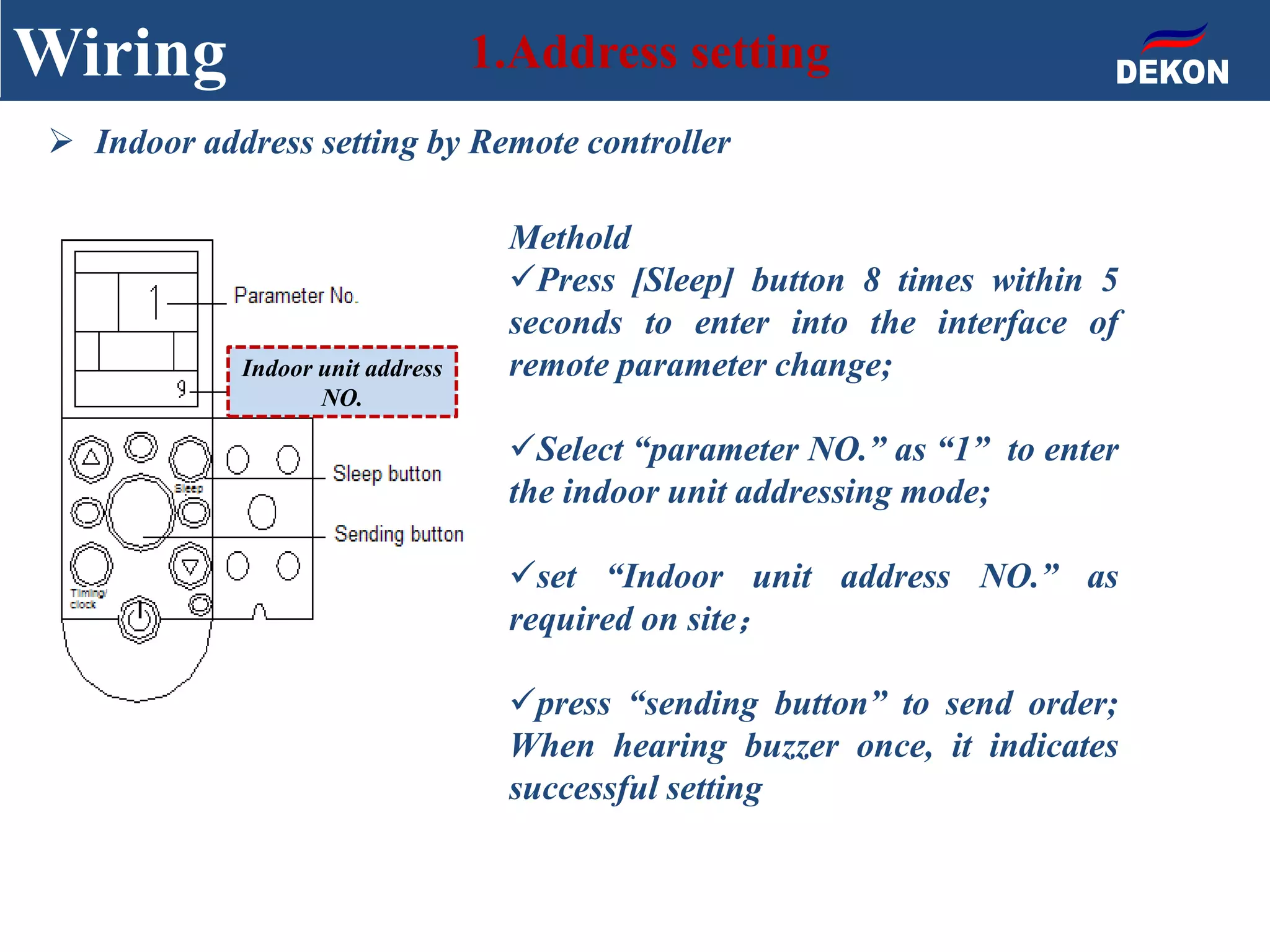 Wiring 1.Address setting
 Indoor address setting by Remote controller
Indoor unit address
NO.
Methold
Press [Sleep] button 8 times within 5
seconds to enter into the interface of
remote parameter change;
Select “parameter NO.” as “1” to enter
the indoor unit addressing mode;
set “Indoor unit address NO.” as
required on site；
press “sending button” to send order;
When hearing buzzer once, it indicates
successful setting
 