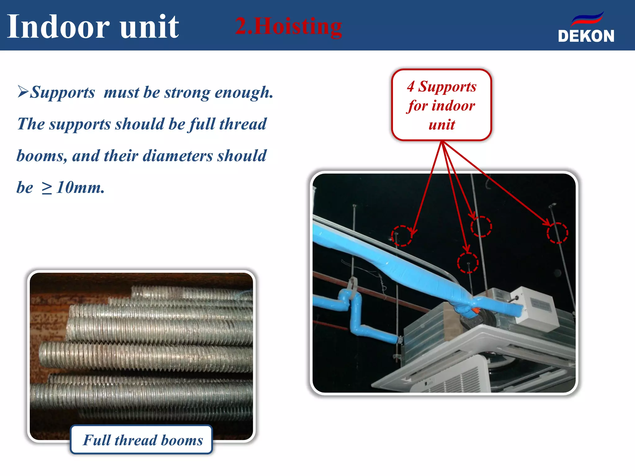 Indoor unit 2.Hoisting
Supports must be strong enough.
The supports should be full thread
booms, and their diameters should
be ≥ 10mm.
Full thread booms
4 Supports
for indoor
unit
 