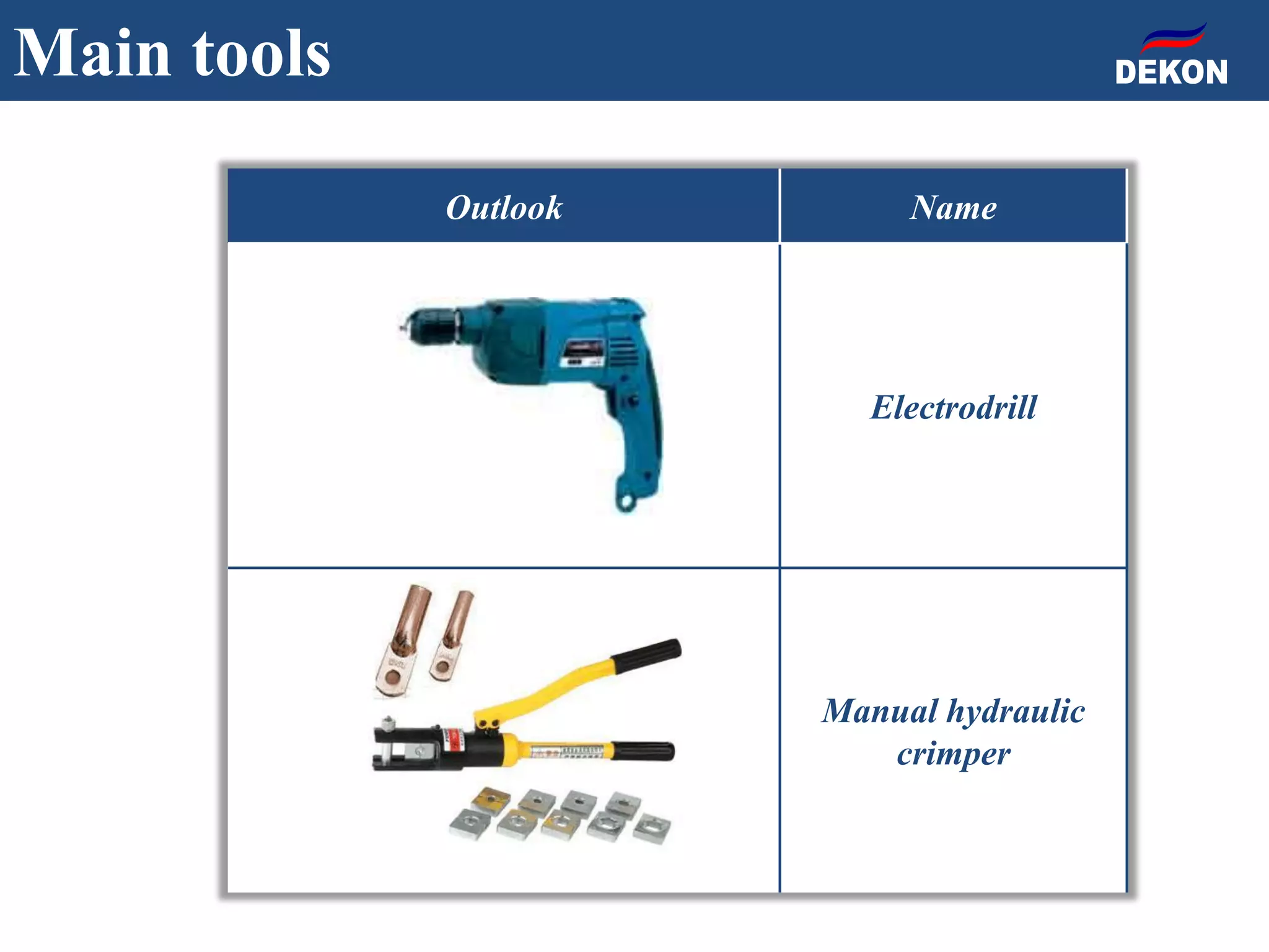 Outlook Name
Electrodrill
Manual hydraulic
crimper
Main tools
 